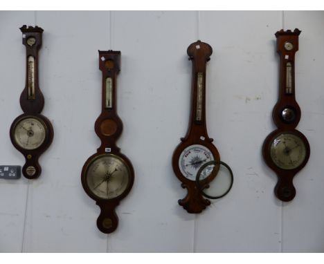 AN ADMIRAL FITZROY WALL BAROMETER TOGETHER WITH FOUR 19th.C.BANJO BAROMETERS FOR RESTORATION.  (5)