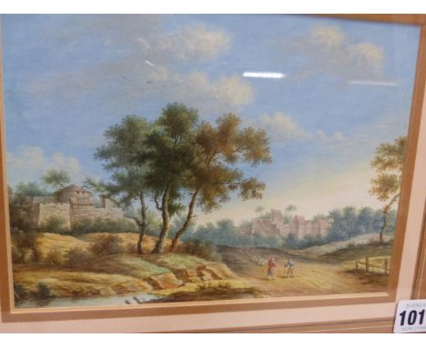 OLD MASTER SCHOOL.   A FORTIFIED TOWN WITH SHEPHERDS IN THE FOREGROUND, GOUACHE.   15.5 x 21cms.