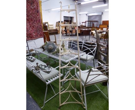 A WHITE PAINTED IRON EIGHT SHELF POT RACK TAPERING TO THE TOP.   H 168cms.