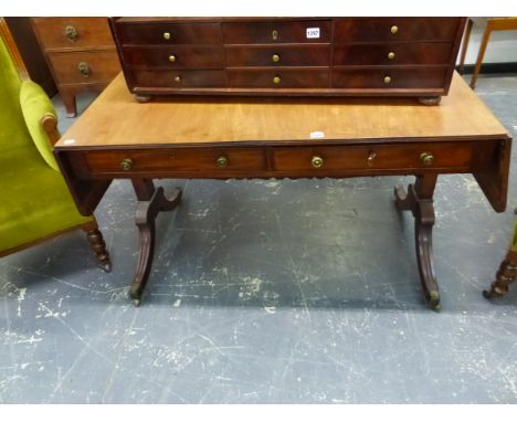 A REGENCY MAHOGANY AND BOXSTRUNG SOFA TABLE ON SABRE LEGS.   162 x 73 x H.70cms.