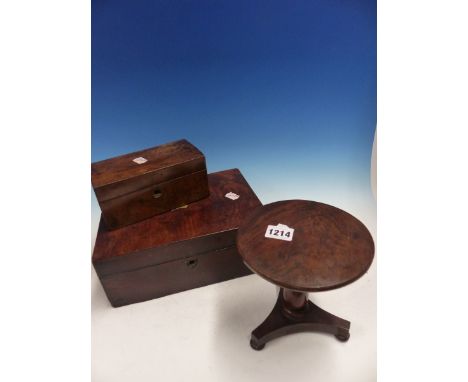 A VICTORIAN MINIATURE APPRENTICE TILT TOP CENTRE TABLE ON BUN FEET TOGETHER WITH A MAHOGANY WORK BOX AND A SMALL WALNUT TEA C