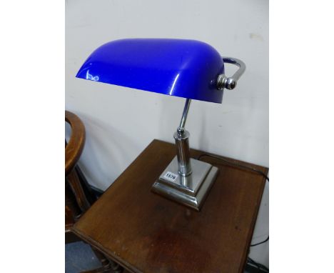 A LLOYTRON CHROME BANKER LAMP WITH BLUE ROUNDED RECTANGULAR SHADE