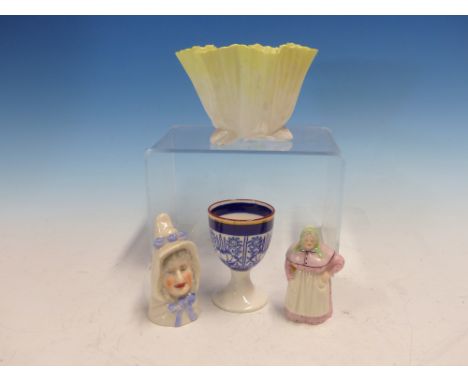 TWO ROYAL WORCESTER CANDLE SNUFFERS, DATE CODES FOR 1897, BOTH IN FEMALE FORM, A WORCESTER QUEENS LILY PATTERN EGG CUP AND A 