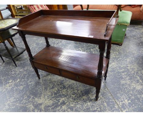 AN EARLY 19th.C.MAHOGANY TWO TIER SIDE TABLE WITH GALLERY BACK AND TWO LOWER DRAWERS.   W.89 x H.87cms. TOGETHER WITH AN EDWA