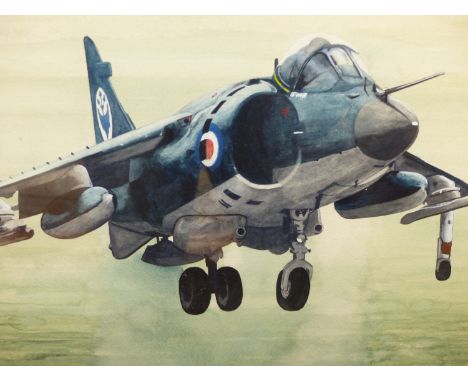 ANDI?  20th.C. ENGLISH SCHOOL. ARR.   A SEA HARRIER TOGETHER WITH ANOTHER OF A VINTAGE TWIN ENGINE PLANE, BOTH SIGNED AND DAT