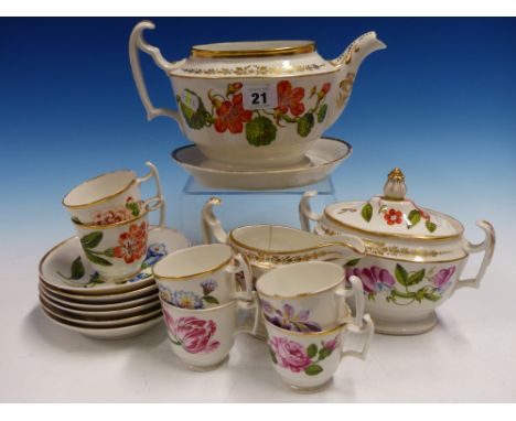 AN EARLY 19th C. BOTANICAL PART TEA SERVICE EACH PIECE PAINTED WITH FLOWER SPECIMENS, COMPRISING SIX CUPS, SIX SAUCERS, COVER