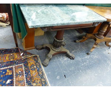 A Wm.IV.ROSEWOOD AND MARBLE TOP CONSOLE TABLE WITH PLATFORM BASE ON CARVED PAW FEET.