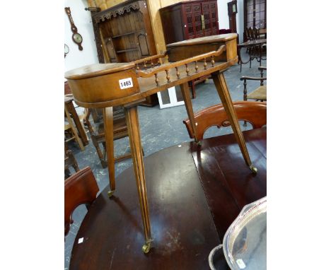 A YEW WOOD TRIPOD TABLE WITH A LIDDED BOX TO ONE SIDE OF THE WAVY GALLERIED CIRCULAR TOP. Dia. 36.5 x H 60cms. TOGETHER WITH 