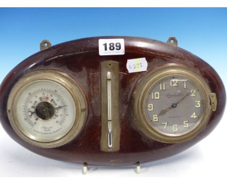 AN  ARTHUR LAMBRECHT CLOCK, ANEROID BAROMETER AND THERMOMETER MOUNTED ON A MAHOGANY OVAL.   W 30cms. TOGETHER WITH A MAHOGANY