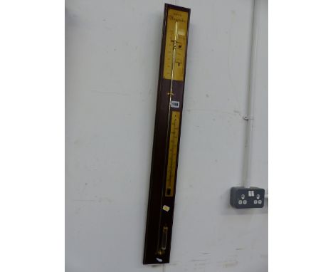 A LATE 20th.C.MAHOGANY BACKED VISIBLE TUBE STICK BAROMETER WITH ADJUSTABLE SCALE AND THERMOMETER.