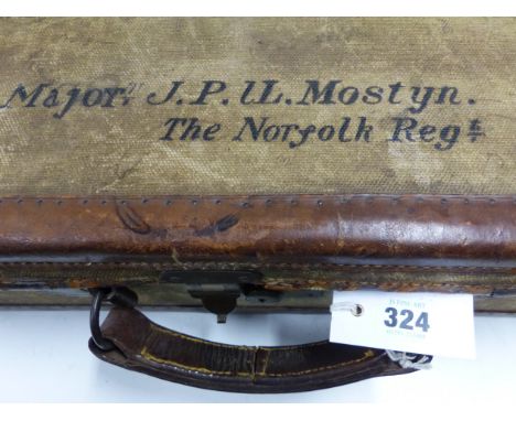 AN ARMY AND NAVY LEATHER TRIMMED KHAKI CANVAS AMMUNITION CASE, THE INTERIOR WITH SIX LEATHER CARTRIDGE RETAINER STRAPS, THE C