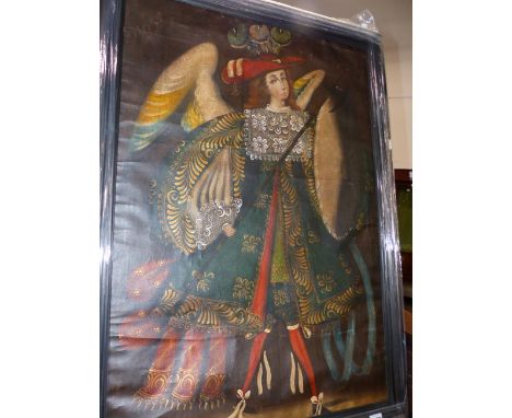 A DECORATIVE PORTRAIT OF THE ARCHANGEL IN THE CUZCO MANNER, OIL ON CANVAS.   84 x 58cms.