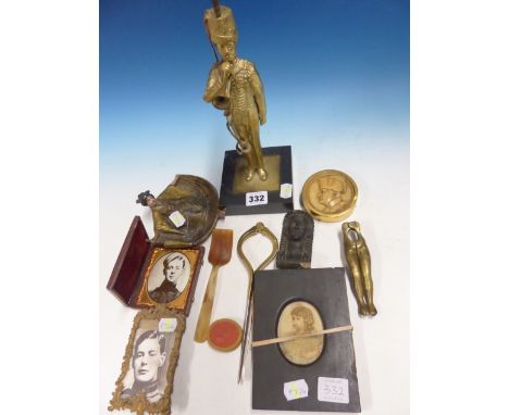 A COLLECTION OF MISCELLANIA, TO INCLUDE A METAL FIGURE OF A SOLDIER BLOWING A TRUMPET. H 28cms. A BRASS FRAMED RELIEF ROUNDEL