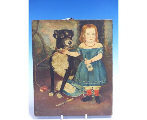 ENGLISH NAIVE SCHOOL.   A PORTRAIT OF A GIRL WEARING A BLUE DRESS WITH A LARGE BLACK DOG, OIL ON PANEL, UNFRAMED.   25 x 21cm