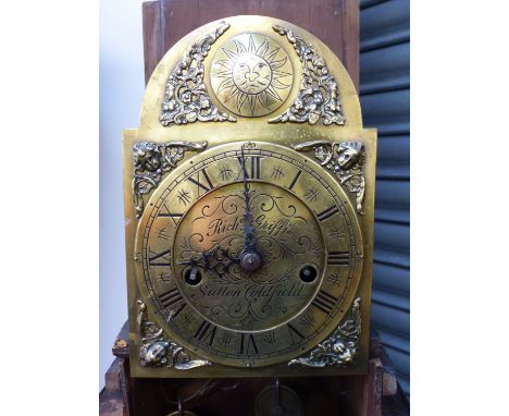 A 19th.C.CARVED OAK LONGCASE CLOCK OF SMALL PROPORTIONS (GRANDDAUGHTER) WITH 8-DAY STRIKING MOVEMENT AND 17.5cms BRASS DIAL. 