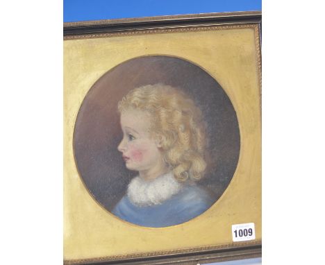 19th.C.ENGLISH NAIVE SCHOOL.    A CIRCULAR PROFILE PORTRAIT OF A GIRL, OIL ON BOARD.   Dia.22.5cms.