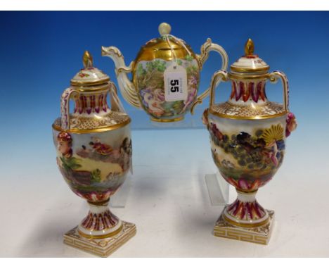 A PAIR OF CAPODIMONTE COVERED TWO HANDLED BALUSTER VASES MOULDED AND PAINTED WITH CLASSICAL FIGURES.   H.20cms. TOGETHER WITH