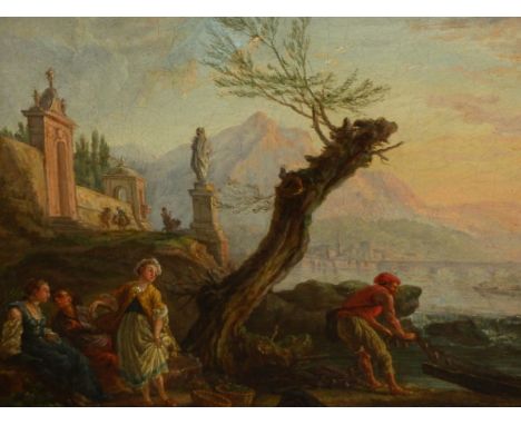 OLD MASTER SCHOOL. AN ITALIANATE CLASSICAL RIVER SCENE WITH FOREGROUND FISHERFOLK, OIL ON CANVAS. 30 x 45cms.