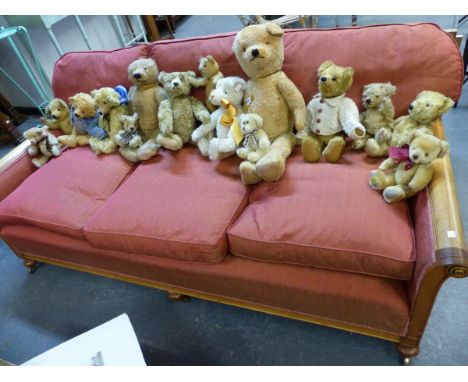 A COLLECTION OF SIX TEDDY BEARS, POSSIBLY MERRYTHOUGHT OR CHAD VALLEY, THE LARGEST.   H 70cms TOGETHER WITH A FURTHER GROUP O