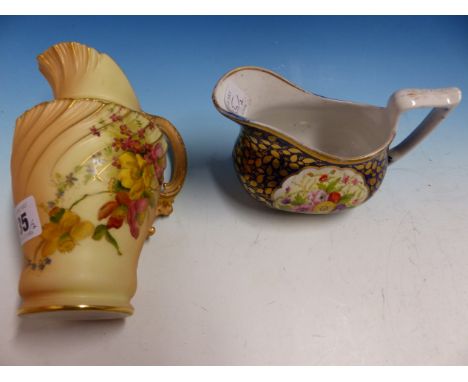 AN EARLY 19th C. MINTON 876 PATTERN SAUCE BOAT TOGETHER WITH A WORCESTER BLUSH FLORAL JUG, DATE CODE FOR 1894.   H 17cms. 