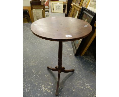 A 19th.C.MAHOGANY TRIPOD TABLE, THE CIRCULAR TOP ON BALUSTER COLUMN, THE LEGS SWEEPING DOWN TO PAD FEET.   Dia. 44 x H 73cms.