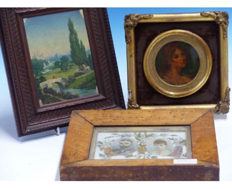 19th.C.CONTINENTAL SCHOOL.   A MINIATURE RIVER LANDSCAPE WITH CASTLE, OIL ON BOARD IN CARVED FRAME.   13.5 x 10cms TOGETHER W