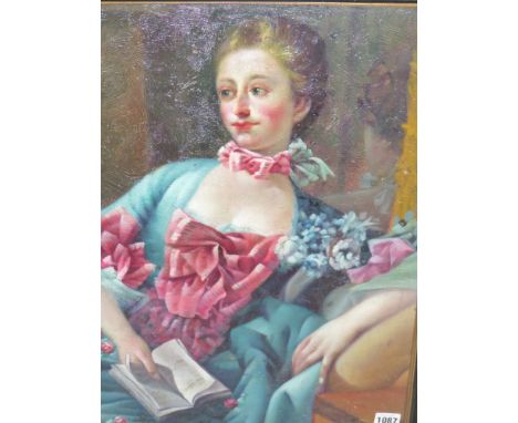 CONTINENTAL SCHOOL.   A PORTRAIT OF AN 18th.C.LADY READING, OIL ON BOARD.   54 x 42cms.