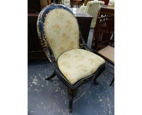 A VICTORIAN PAPIER MACHE INLAID WITH MOTHER OF PEARL NURSING CHAIR, THE UPHOLSTERED HOOP BACK ABOVE A SERPENTINE FRONTED SEAT