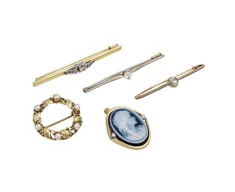   Schmuckkonvolut 5-teilig,   GG 14K, 22,9 g, Händlerkonvolut bestehend aus 5 Broschen, mit Steinbesatz u.a. Diamant, Gebrauc