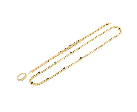   Schmuckkonvolut 3-teilig,   GG 18K, 57,6 g, Händlerkonvolut bestehend aus 1 Ring, 1 Kette und 1 Armband, mit Steinbesatz u.