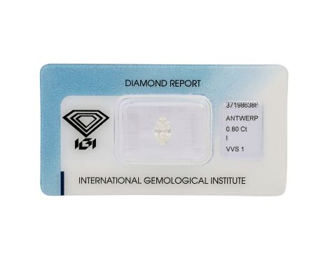   1 loser Diamant von 0,80 ct,   modifizierter Navettebrillant, LGW+ (I)/VVS1, inkl. IGI Zertifikat.    | Loose marquise bril