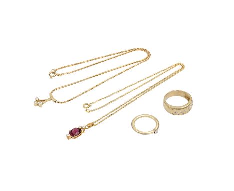  Schmuckkonvolut 4-teilig,   GG 14K, 22,9 g, Händlerkonvolut bestehend aus 2 Ringen und 2 Anhängern mit Kette, mit Steinbesa
