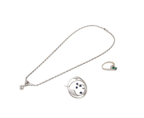   Schmuckkonvolut 3-teilig,   WG 14K, 23,1 g, Händlerkonvolut bestehend aus 1 Ring, 1 Collier und 1 Brosche, mit Steinbesatz 