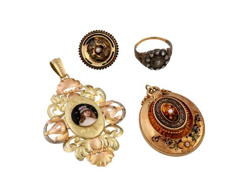   Schmuckkonvolut 4-teilig,   GG 14K, 38,3 g, Händlerkonvolut bestehend aus 1 Ring, 2 Anhängern und 1 Brosche, Antikschmuck, 