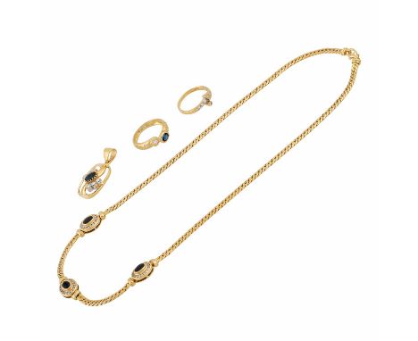   Schmuckkonvolut 4-teilig,   GG 18K, 28,4 g, Händlerkonvolut bestehend aus 2 Ringen, 1 Anhänger und 1 Kette, mit Steinbesatz