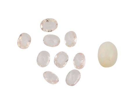   Konvolut 1 Opal und 9 Morganite,   Opalcabochon 12,67 x 9,19 x 4,74 mm, 2,92 ct, IGITL-Zertifikat, sowie oval facettierte M