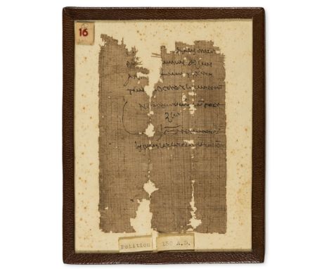 Greek Papyrus.- Conclusion of a petition, manuscript in Greek, a fragment on papyrus, tears with loss, framed and glazed, 130