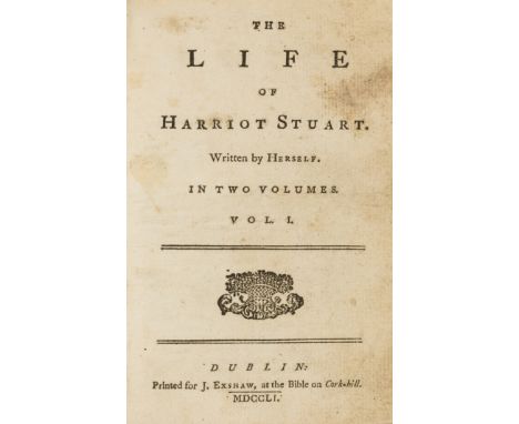 [Lennox (Charlotte)] The Life of Harriot Stuart, Written by Herself, 2 vol. in 1, first Dublin edition, woodcut devices to ti