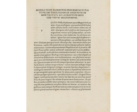 Ficino (Marsilio) Platonica theologia de immortalitate animorum, collation: [*]10 a10 b-z8 &amp;8 aa-nn8 oo10, 318 ff., [*]9 