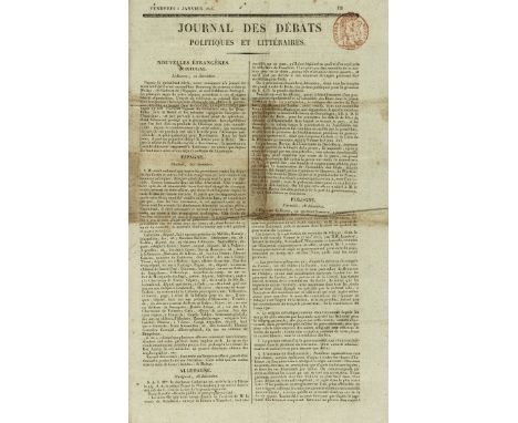 Napoleon's newspaper at St. Helena.- Journal des Débats Politiques et Littéraires, printed newspaper, 4pp., folds, browned, m