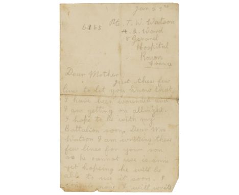 First World War.- Watson (Thomas W., soldier, wounded on the Somme, once in the face, served in the 6th &amp; 19th Durham Lig