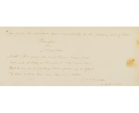 Coleridge (Samuel Taylor, poet, critic, and philosopher, 1772-1834) Inscription over a Time piece, autograph manuscript poem 