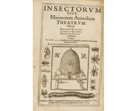 Insects.- Moffet (Thomas) Insectorum sive minimorum animalium theatrum, first edition, title with superb woodcut of a skep be