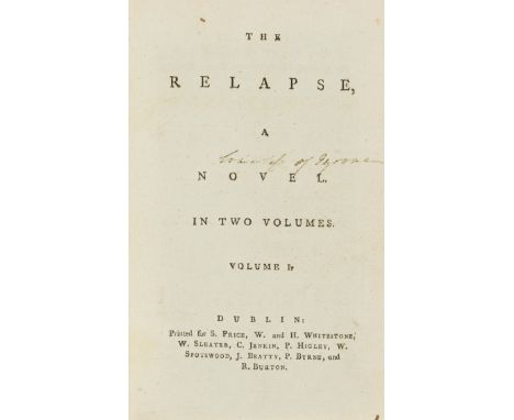 Relapse (The), a Novel, 2 vol. in 1, first Dublin edition, half-titles, woodcut decorations, a few gatherings pulling, ink na