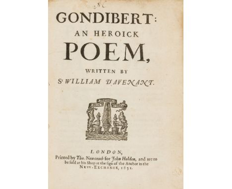 Davenant (Sir William) Gondibert: an heroick poem, first edition, title with woodcut printer's device, woodcut decorative ini