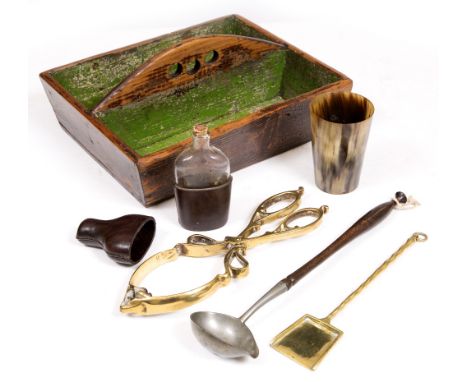 A VICTORIAN PINE TWO SECTION CUTLERY TRAY together with a horn beaker, a leather covered flask stamped Sikes, a horn letter o