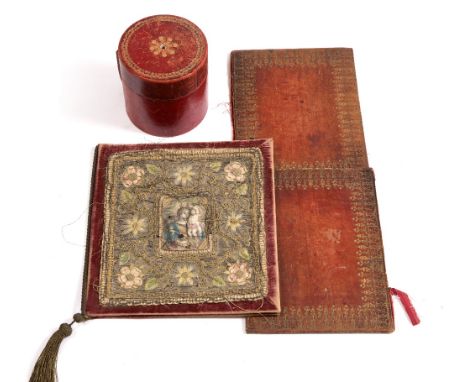 A 17TH OR 18TH CENTURY CONTINENTAL NEEDLEWORK PANEL worked in silver and gilt threads depicting flowers framing a print of a 