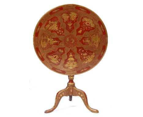 A GEORGE III CIRCULAR MAHOGANY TILT TOP TRIPOD TABLE later decorated with red ground parcel gilt chinoiserie lacquer 77.5cm d