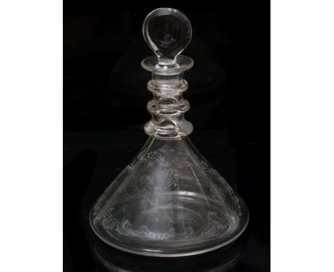 AN ANTIQUE SHIPS DECANTER of conical form with triple ring turned neck, with later engraved decoration depicting a three mast