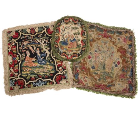 A COLLECTION OF NINE NEEDLEWORK TAPESTRY PANELS or cushion covers to include Aubusson style floral tapestry panel, 19th Centu